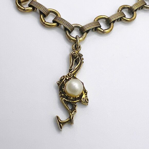 Vintage Charm Bracelet Bird Squirrel Faux Pearl Textured Engraved Gold Tone 7.5" - Picture 8 of 10